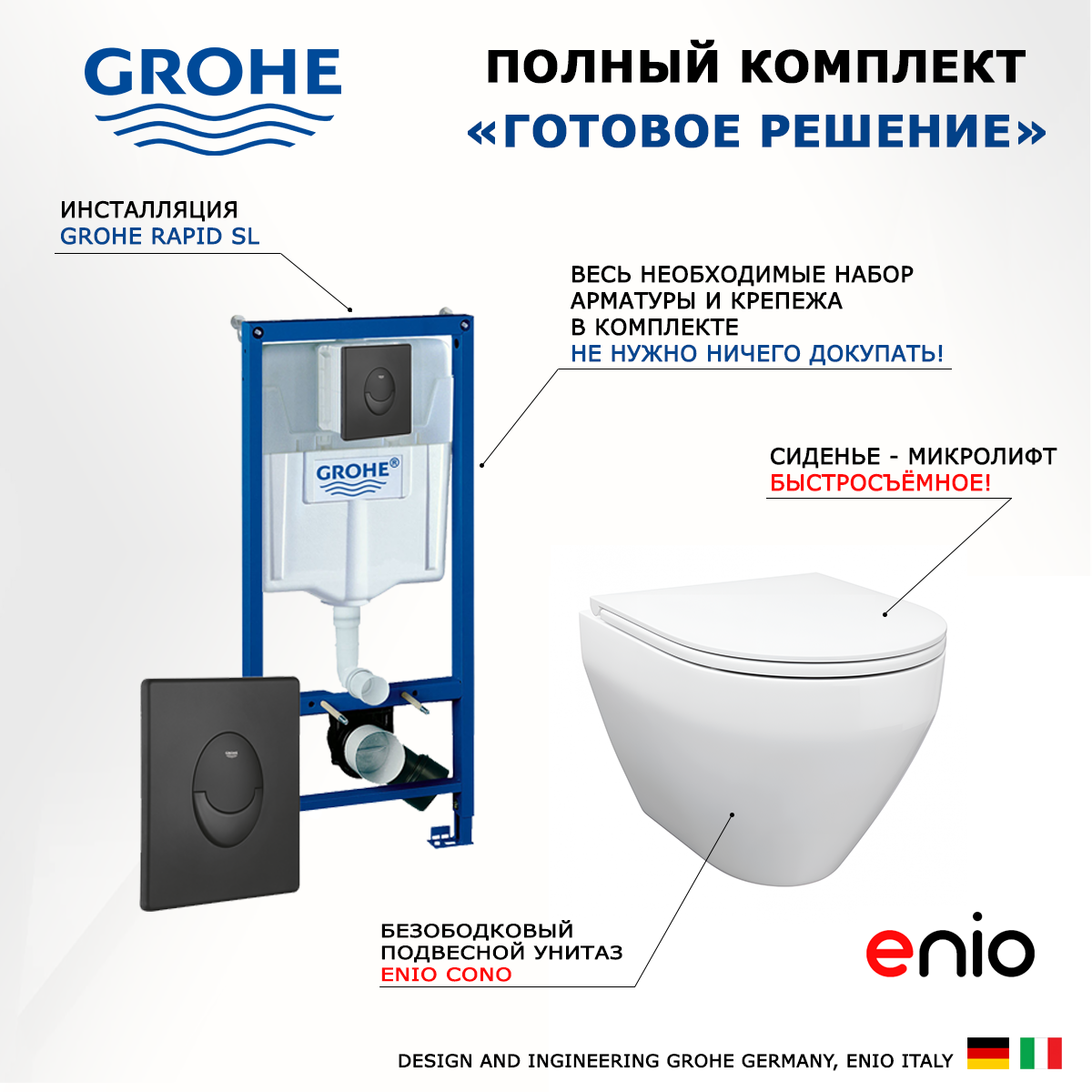 

Комплект: инсталляция Grohe Rapid SL + унитаз Cono + кнопка черная, 553379