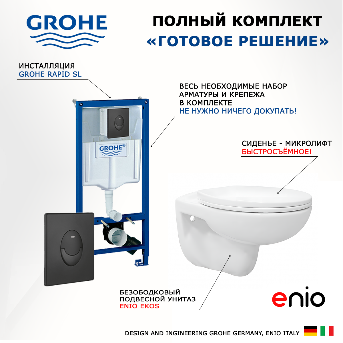 Комплект: инсталляция Grohe Rapid SL + унитаз Ekos + кнопка черная, 553375