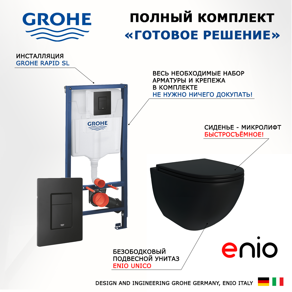 

Комплект: инсталляция Grohe Rapid SL + унитаз Unico + кнопка черная, 552623