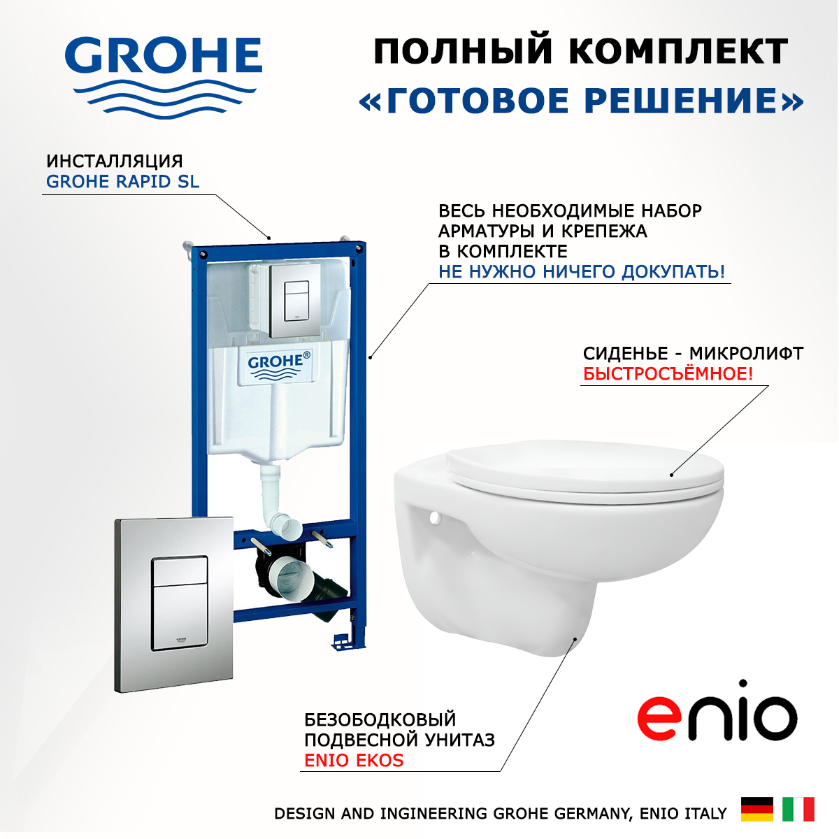 Комплект: инсталляция Grohe Rapid SL + унитаз Ekos + кнопка хром, 551780