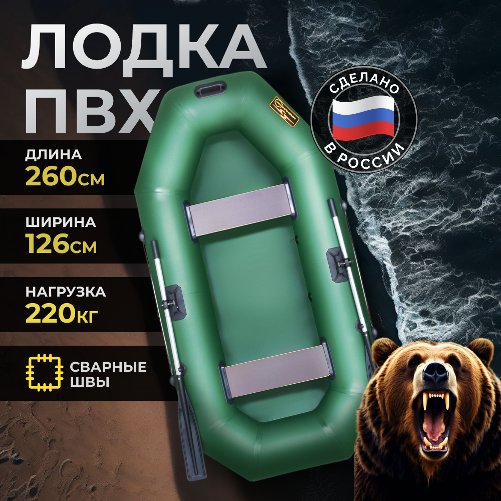 Лодка ПВХ под мотор надувная двухместная гребная для рыбалки Magnum PRO 260