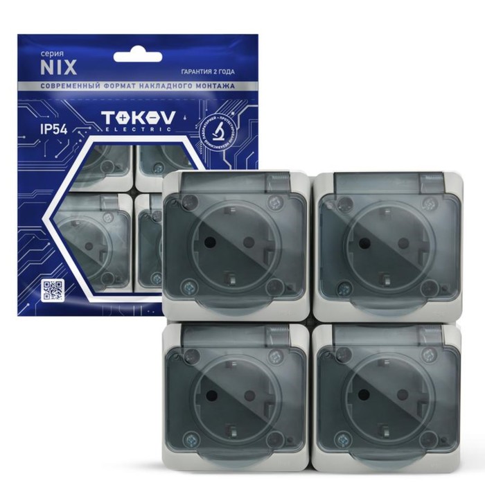 фото Розетка tokov electric, nix, 4-м, 16а, ip54, 250в, с з/к, с прозр. кр, серый