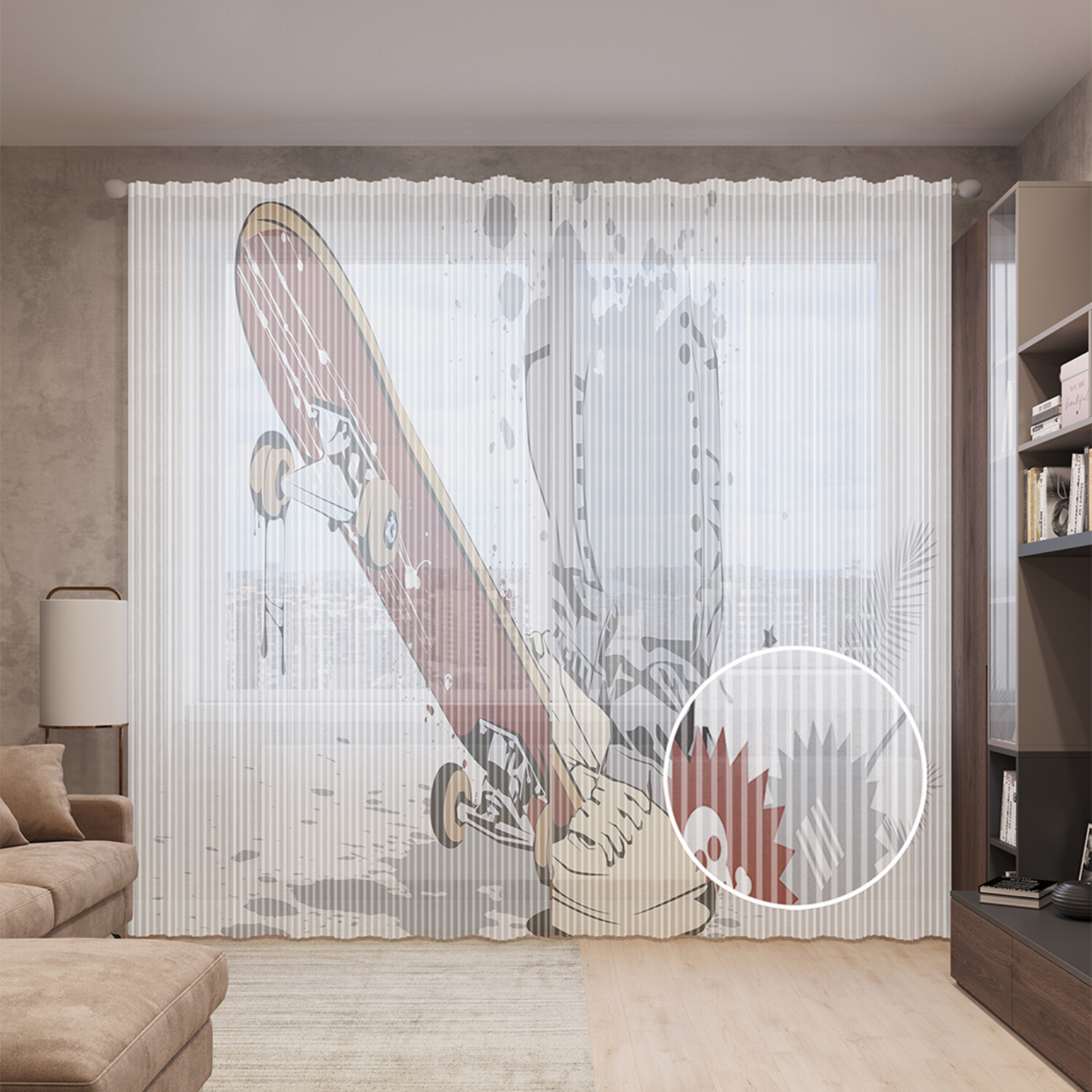 фото Тюль вуаль на шторной ленте с принтом joyarty "скейтборд и кеды", 310х265 см