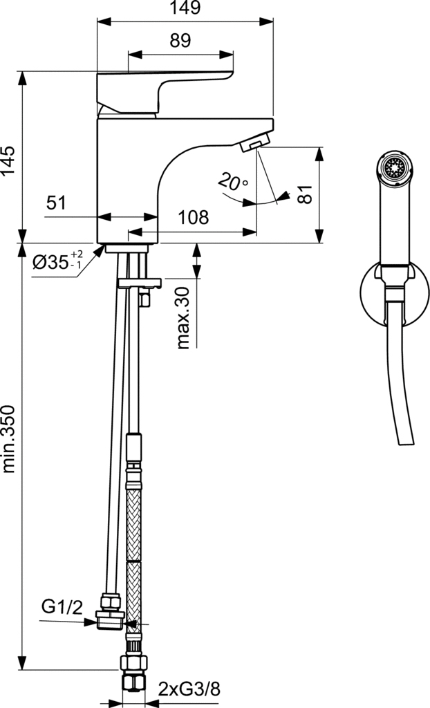 Ideal Standard CERAPLAN 3 Смеситель для умывальника B0919AA с гигиеническим душем, хром