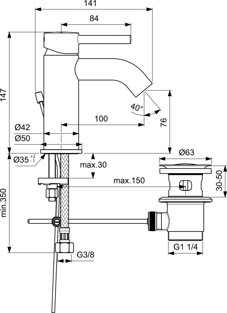 фото Ideal standard ceraline смеситель для умывальника bc192aa click, с донным клапаном, высота