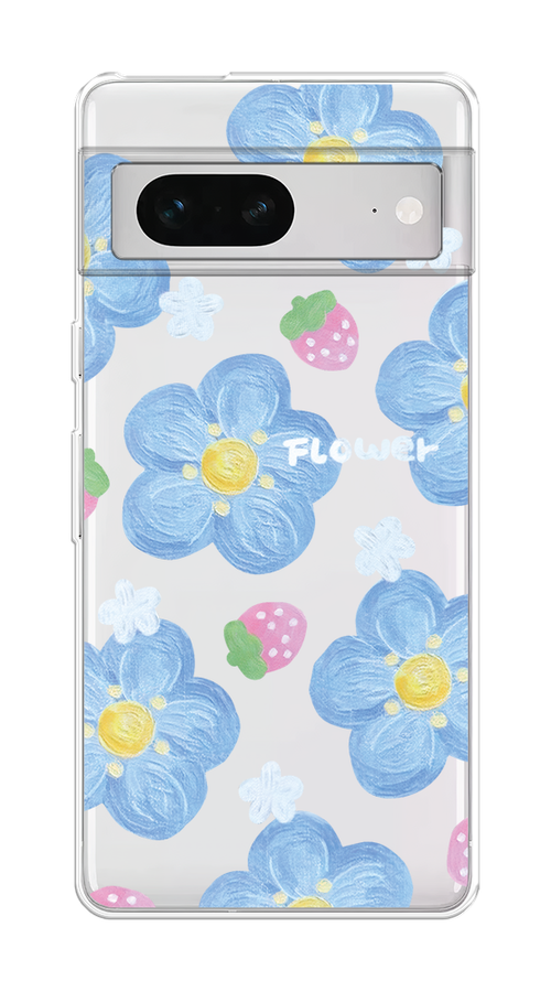 

Чехол на Google Pixel 7 "Цветы и клубники", Прозрачный;голубой;белый, 271250-1
