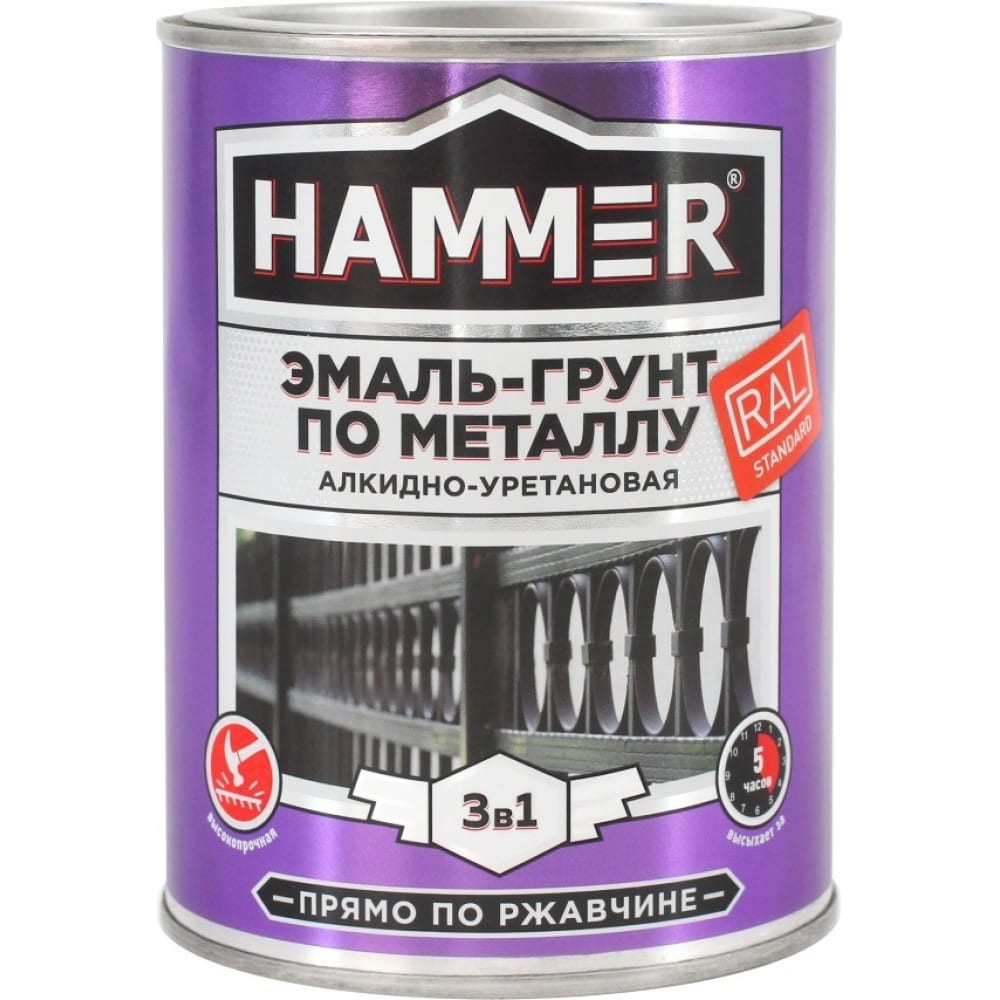 HAMMER Эмаль-грунт по металлу 3 в 1 АУ п/гл RAL 9004 сигнал. черный 0,9 кг / 6 ЭК000133625