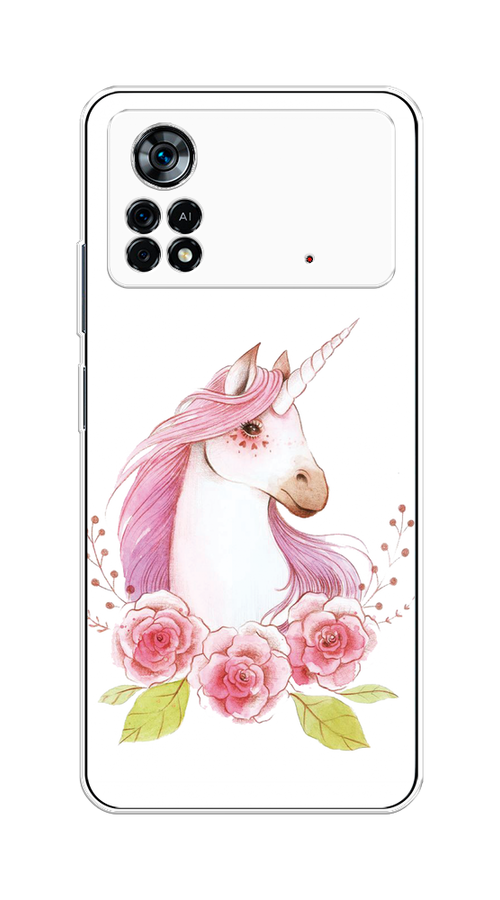 

Чехол на Xiaomi Poco X4 Pro 5G "Единорог цветы", Белый;розовый;серый, 313150-1