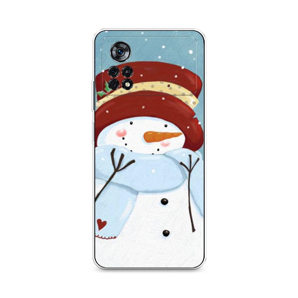 

Чехол на Xiaomi Poco X4 Pro 5G "Застенчивый снеговик", Голубой;белый;красный, 313150-5