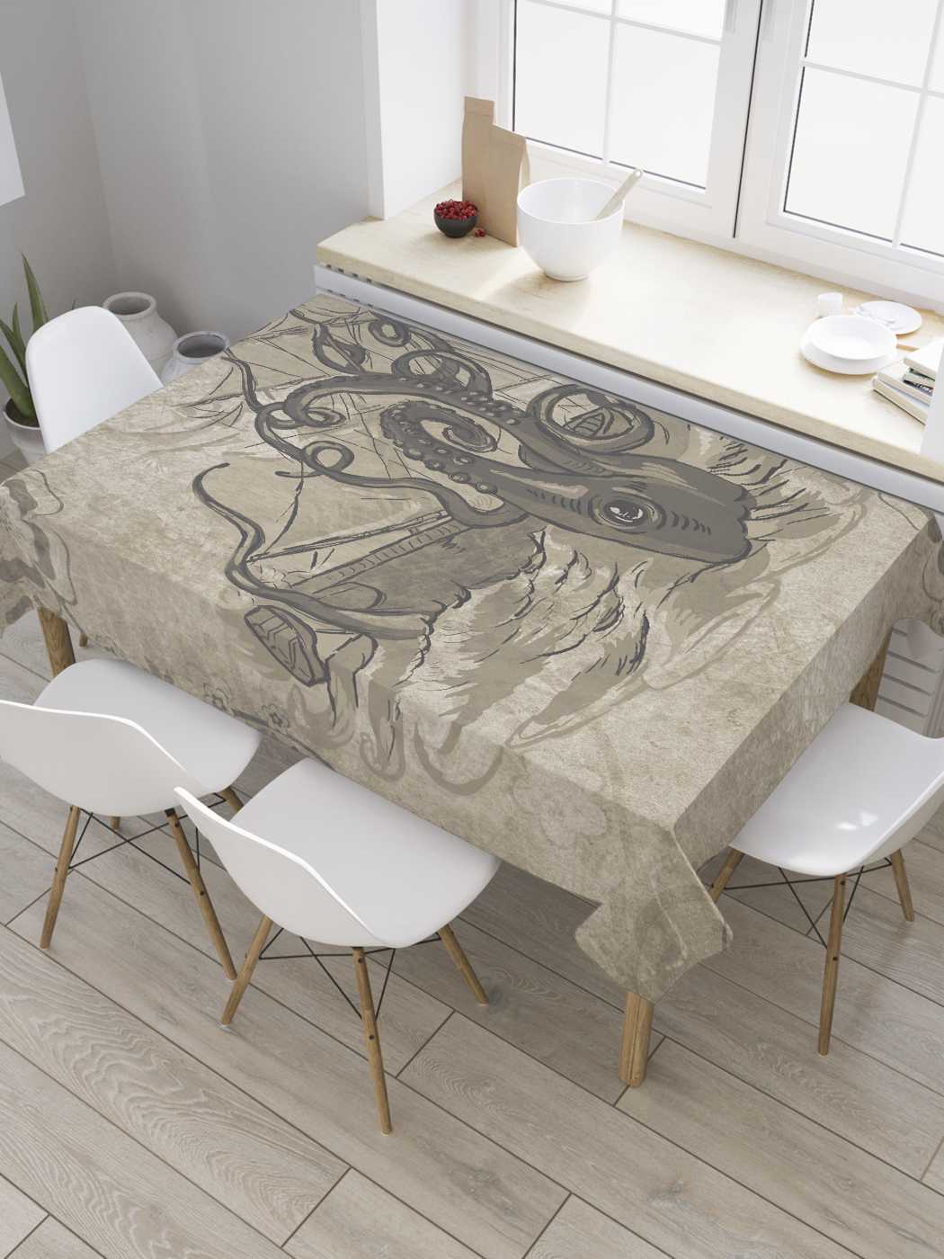 

Скатерть прямоугольная JoyArty "Нападение кракена на парусник" из оксфорда, 180x145 см, Серый, Нападение кракена на парусник