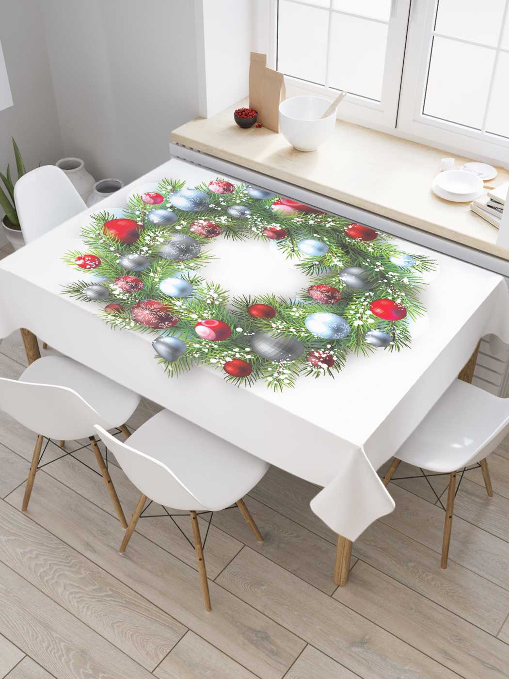 

Скатерть прямоугольная JoyArty "Яркий праздничный венок" из оксфорда, 180x145 см, Белый, Яркий праздничный венок