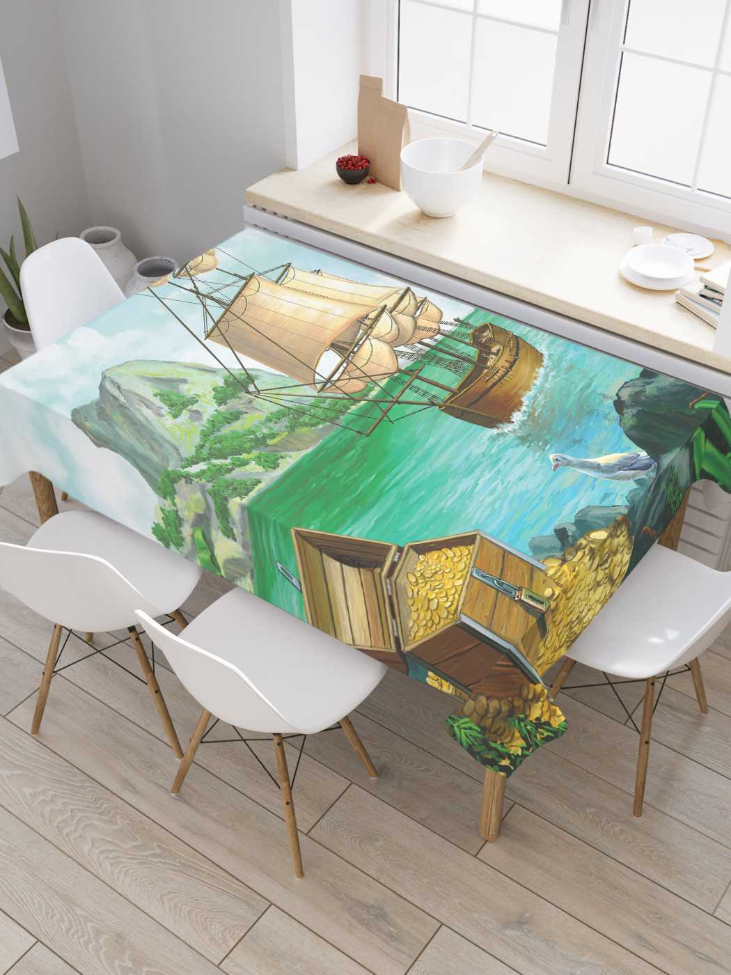 

Скатерть прямоугольная JoyArty "Пиратский корабль и сокровища" из оксфорда, 180x145 см, Зеленый, Пиратский корабль и сокровища