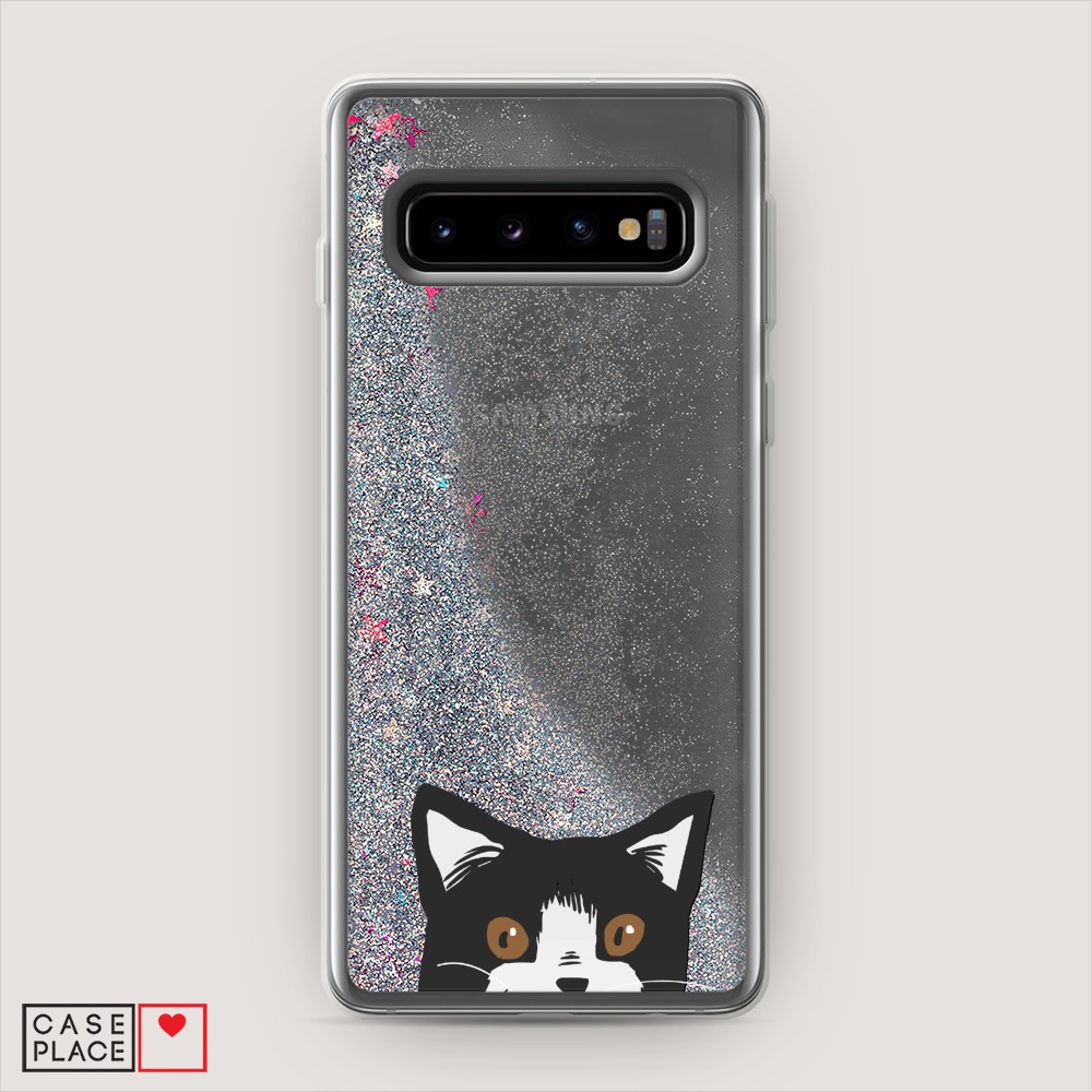 

Жидкий чехол с блестками "Подглядывающий кот" на Samsung Galaxy S10, 27091-1