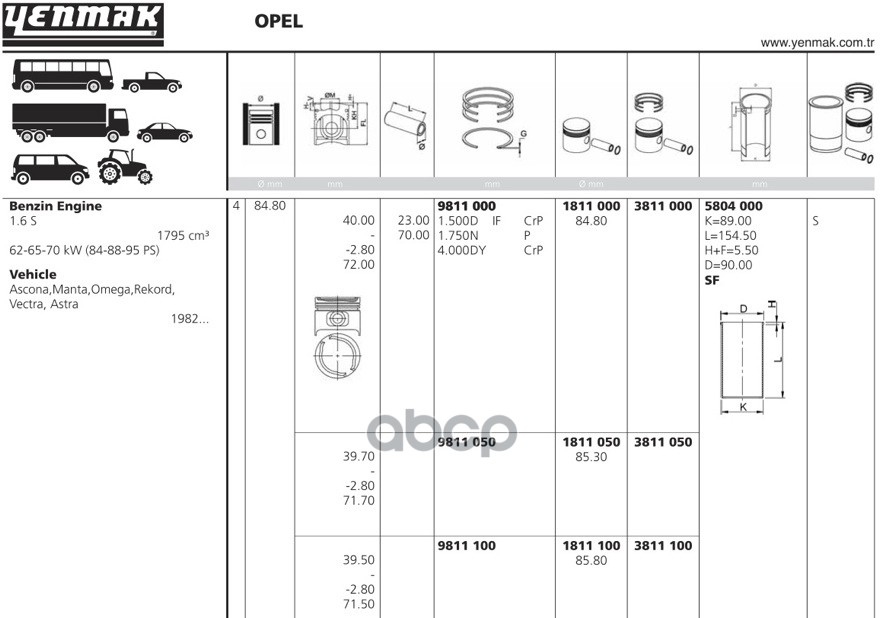 Поршень ДВС без колец YENMAK Opel Ascona 1.8S; 84.8 1.5x1.75x4 std 82-