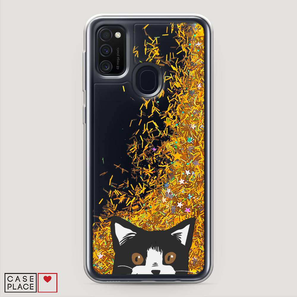 

Жидкий чехол с блестками "Подглядывающий кот" на Samsung Galaxy M30s, 29890-1