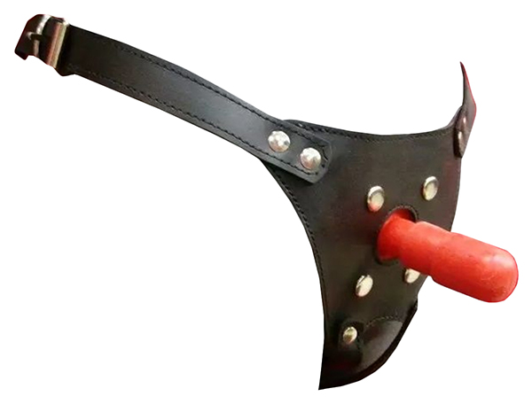 Кожаные трусы для страпона Podium с плугом черные onesize