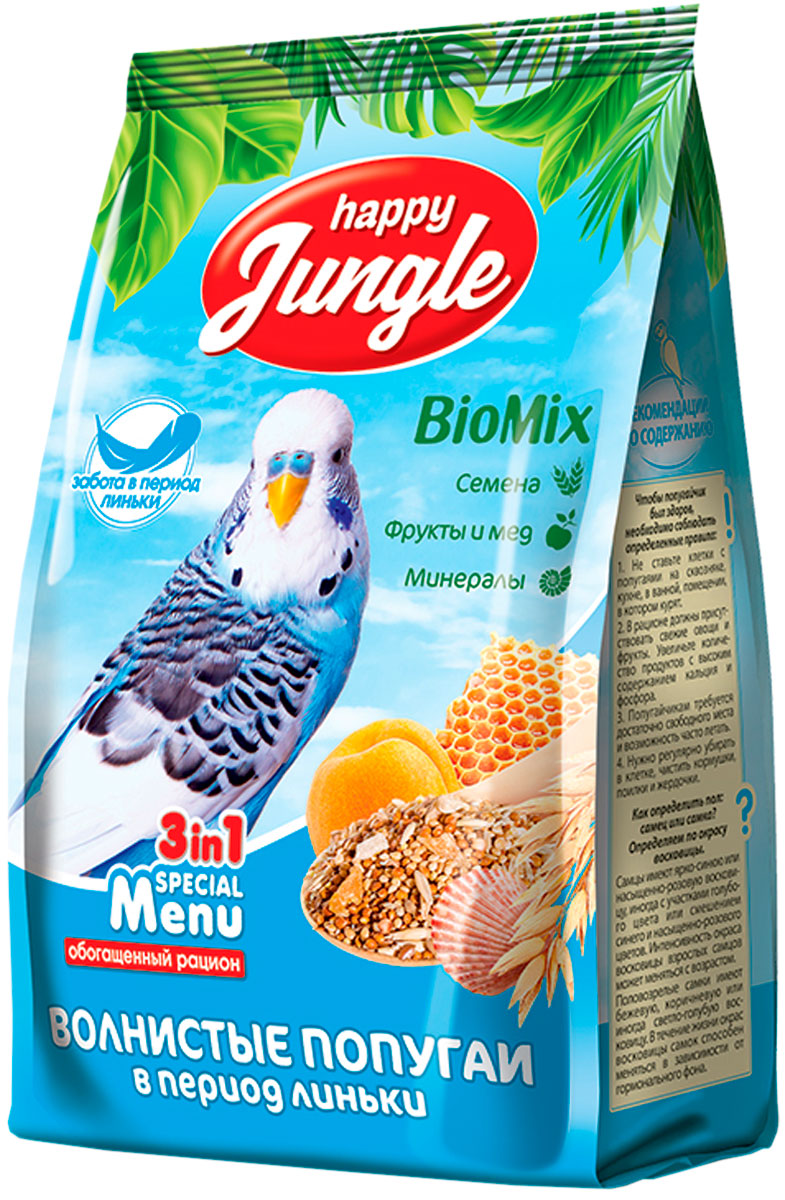 Сухой корм для волнистых попугаев Happy Jungle при линьке, 500 г