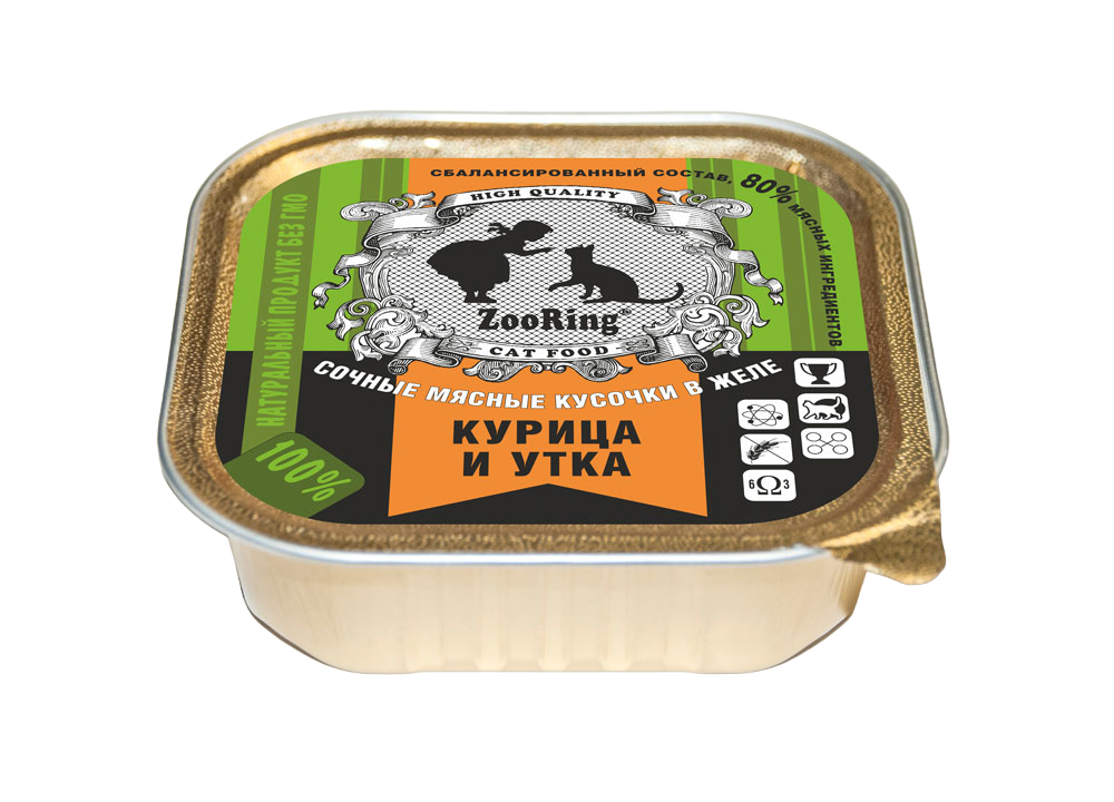 

Влажный корм для кошек ZooRing, крица и утка, 16шт по 100г