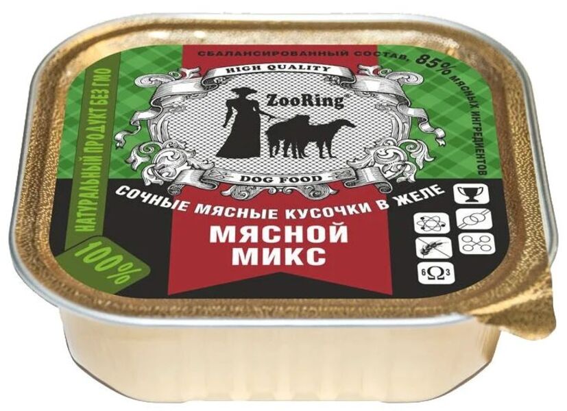 Консервы для собак ZooRing Мясной микс, кусочки в желе, 16шт по 100г