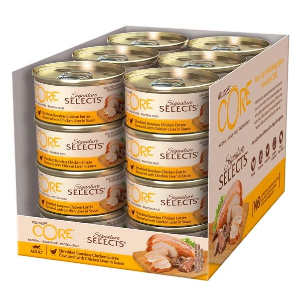 Влажный корм для кошек CORE SIGNATURE SELECTS, курица и печень, фарш в соусе, 24шт по 79г