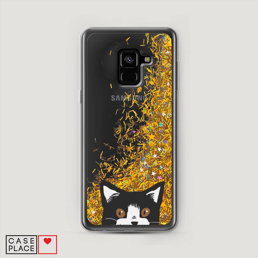 

Жидкий чехол с блестками "Подглядывающий кот" на Samsung Galaxy A8 2018