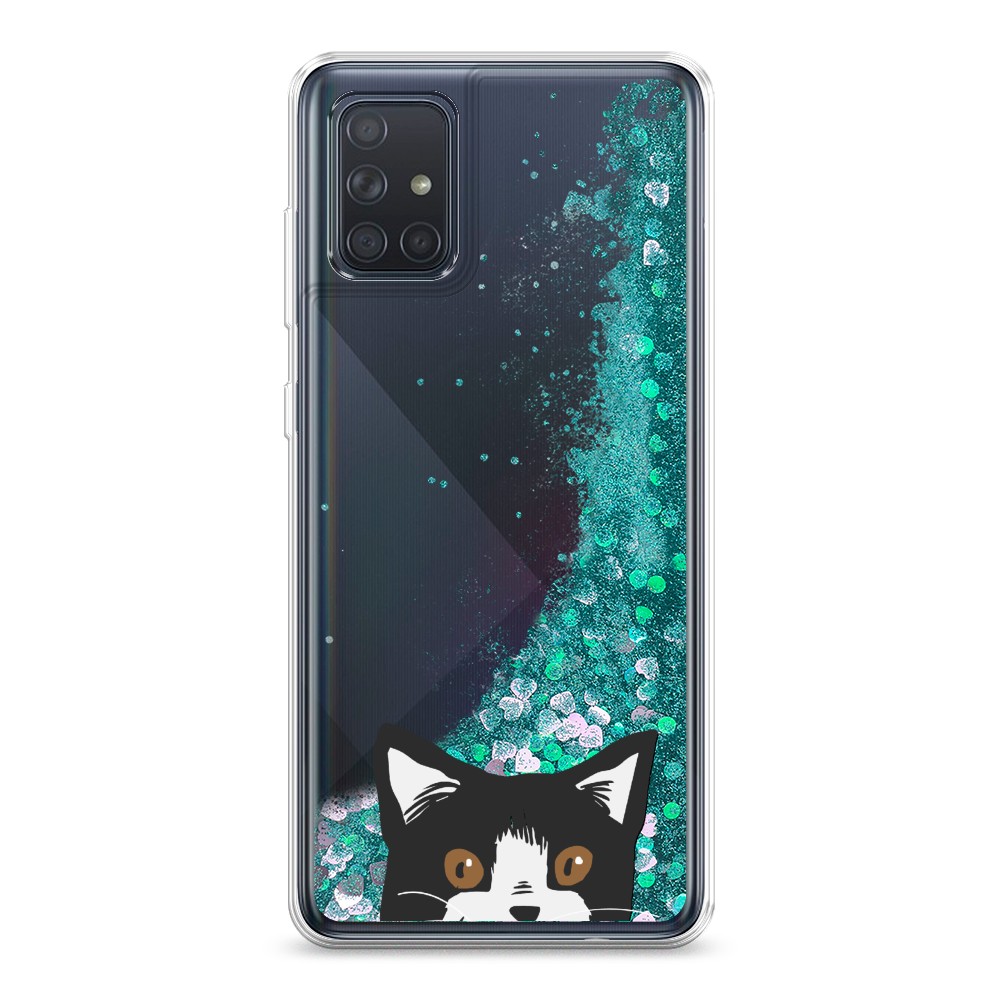 

Жидкий чехол с блестками "Подглядывающий кот" на Samsung Galaxy A71, 29095-1
