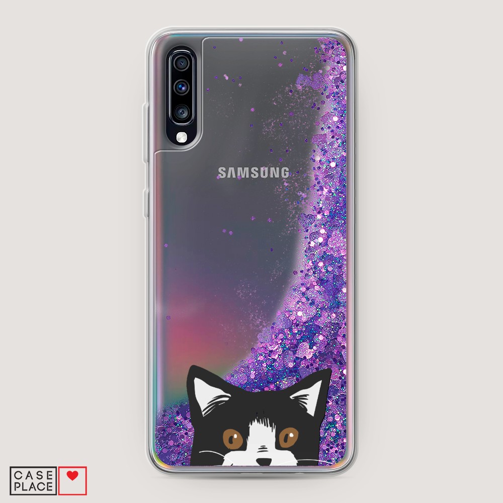 

Жидкий чехол с блестками "Подглядывающий кот" на Samsung Galaxy A70, 28192-1