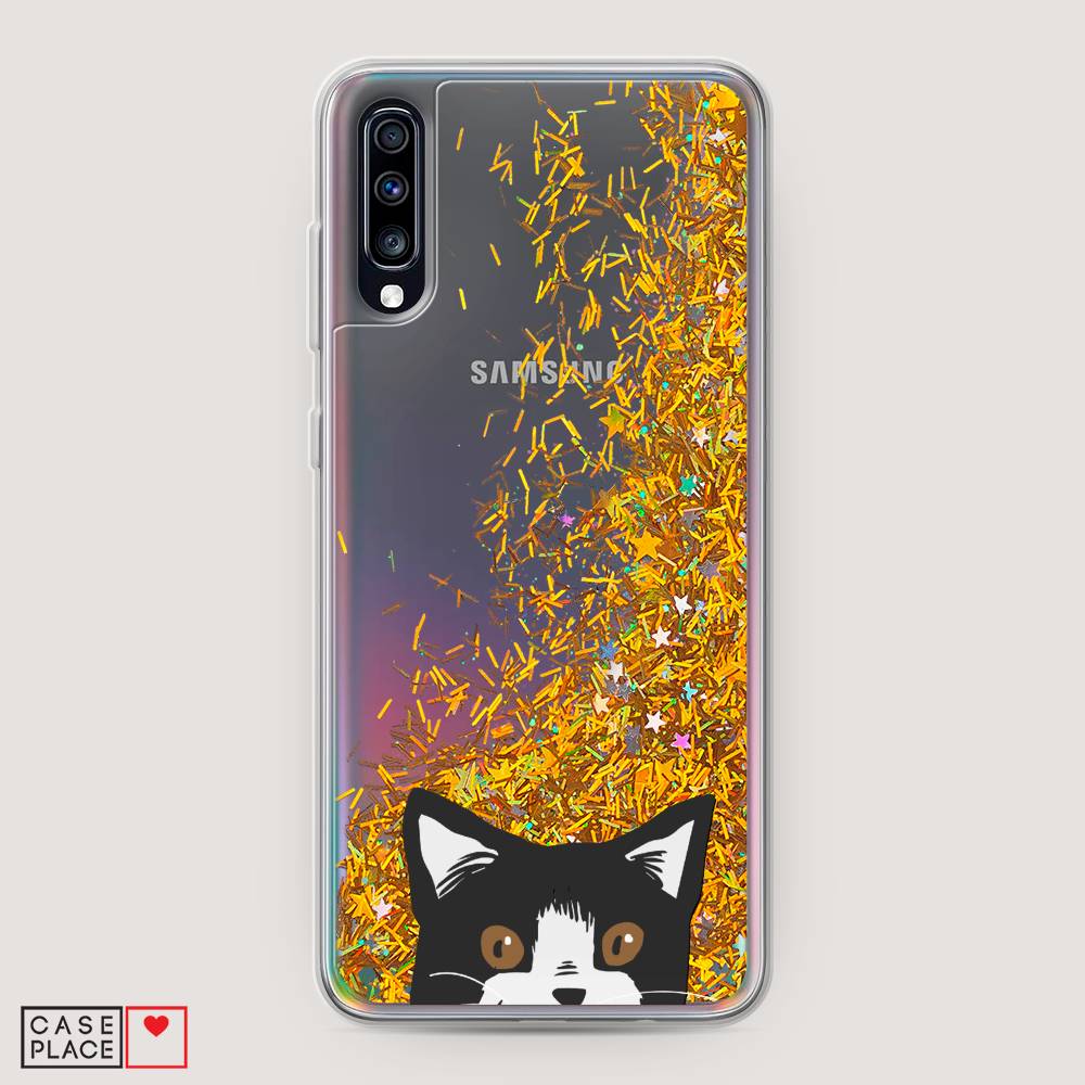 

Жидкий чехол с блестками "Подглядывающий кот" на Samsung Galaxy A70, 28190-1