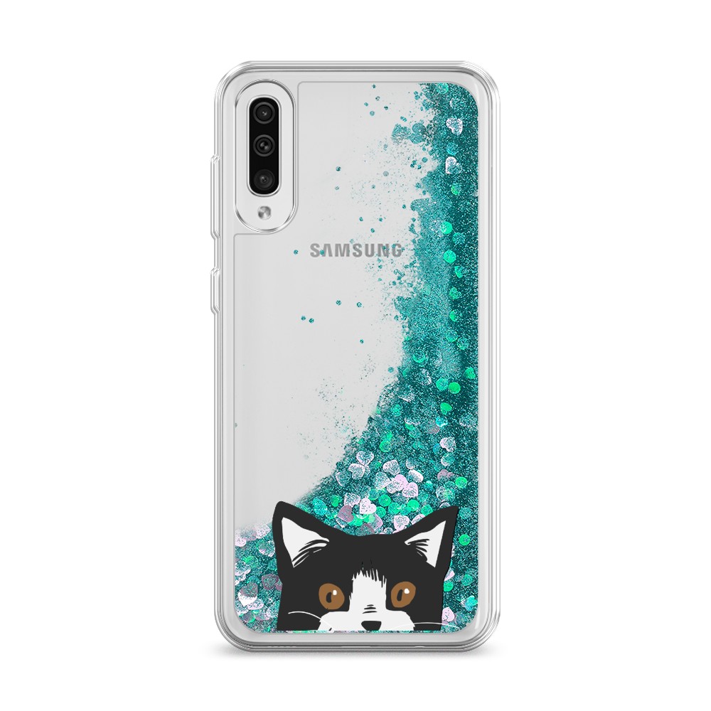 

Жидкий чехол с блестками "Подглядывающий кот" на Samsung Galaxy A50, 27795-1