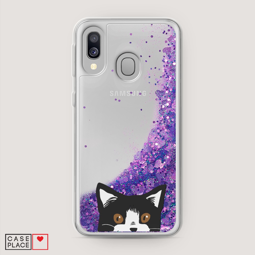 

Жидкий чехол с блестками "Подглядывающий кот" на Samsung Galaxy A40