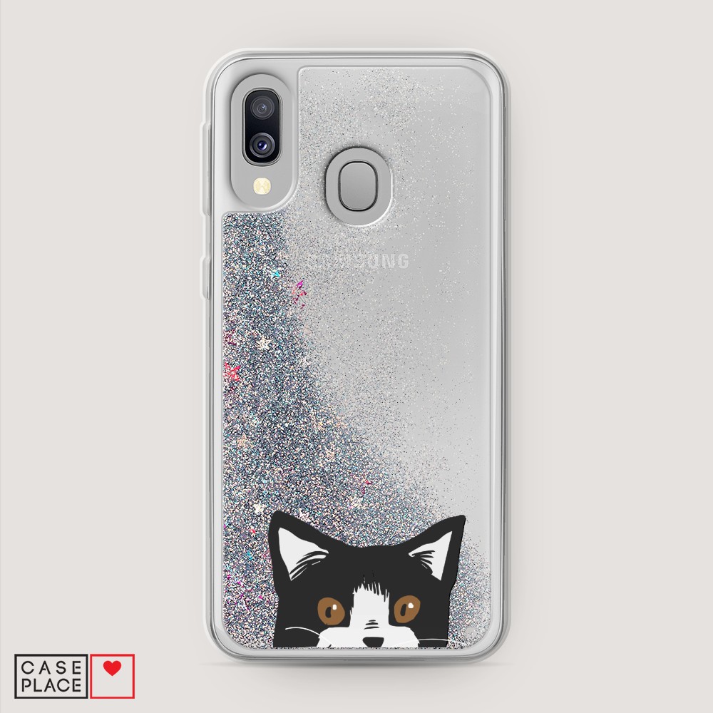 

Жидкий чехол с блестками "Подглядывающий кот" на Samsung Galaxy A40