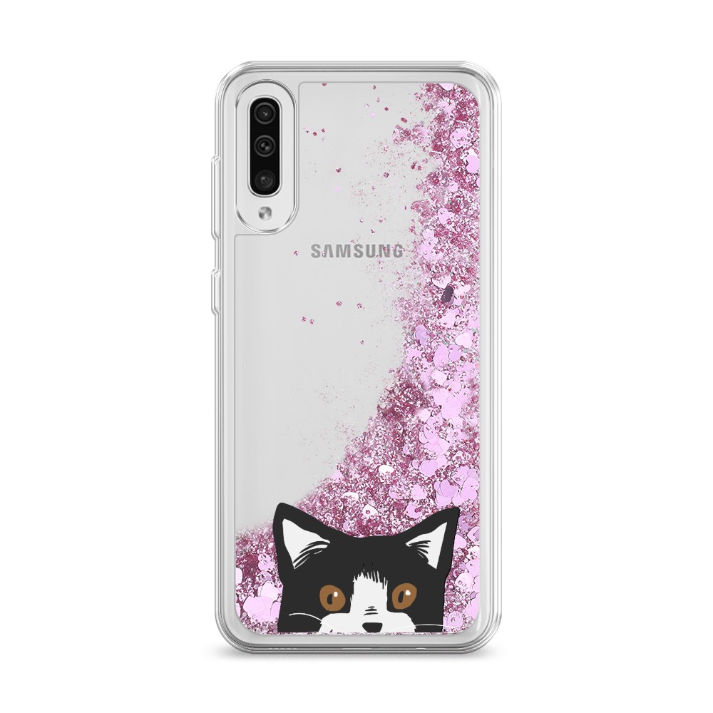 

Жидкий чехол с блестками "Подглядывающий кот" на Samsung Galaxy A30s
