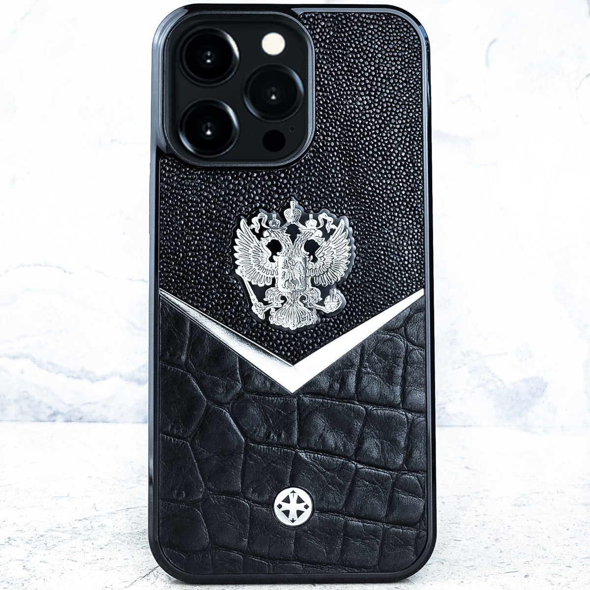 

Чехол iPhone 14 Pro Max - Герб РФ Stingray Daw CROC Leather - Euphoria HM Premium, Серебристый;черный, iPhone 14 Pro Max