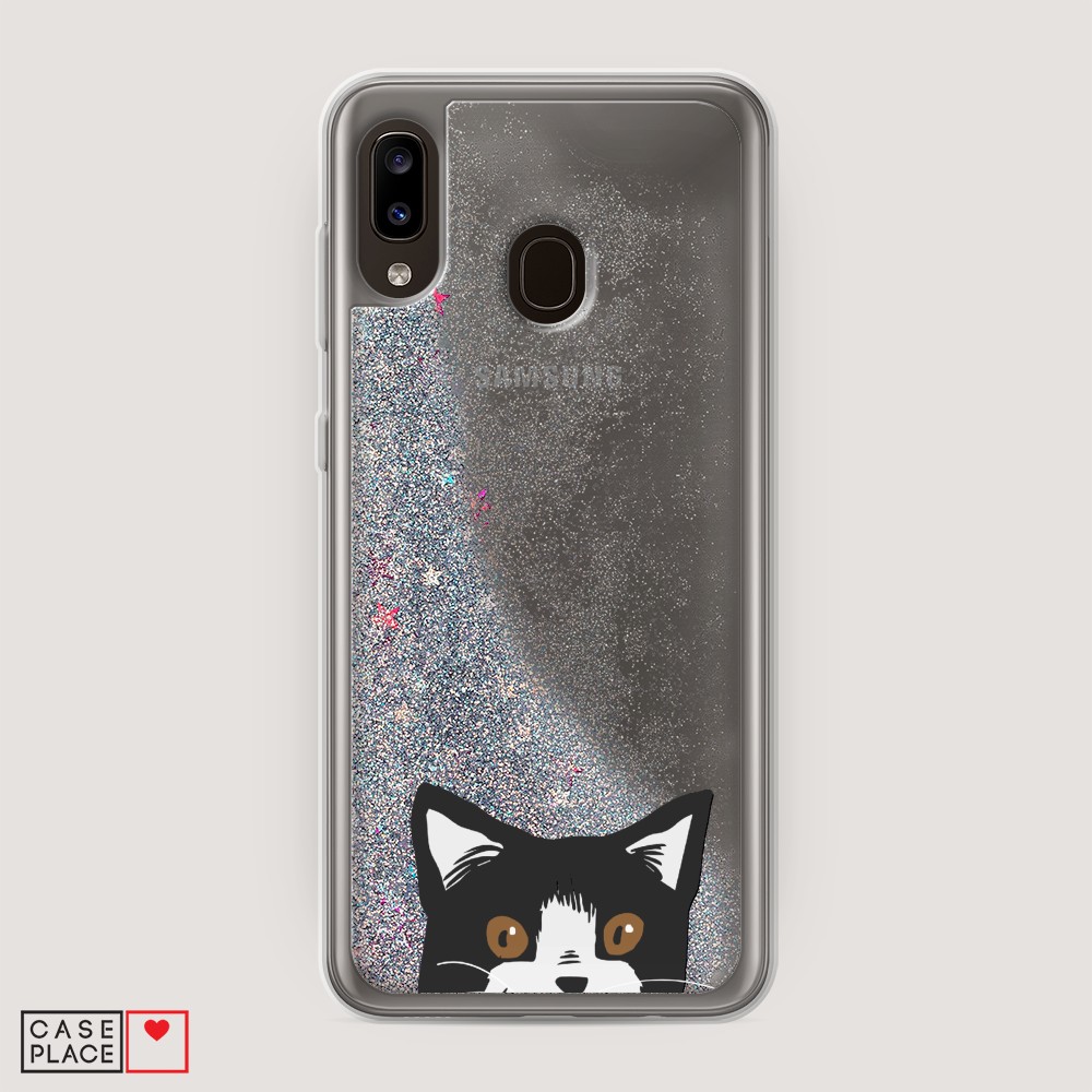 

Жидкий чехол с блестками "Подглядывающий кот" на Samsung Galaxy A30, 27591-1