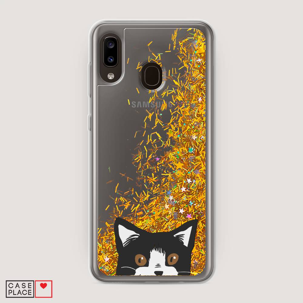 

Жидкий чехол с блестками "Подглядывающий кот" на Samsung Galaxy A30, 27590-1