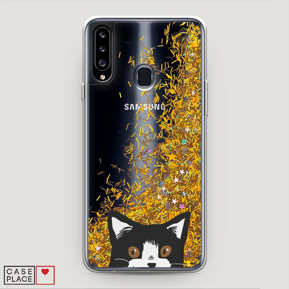 

Жидкий чехол с блестками "Подглядывающий кот" на Samsung Galaxy A20s, 2100890-1
