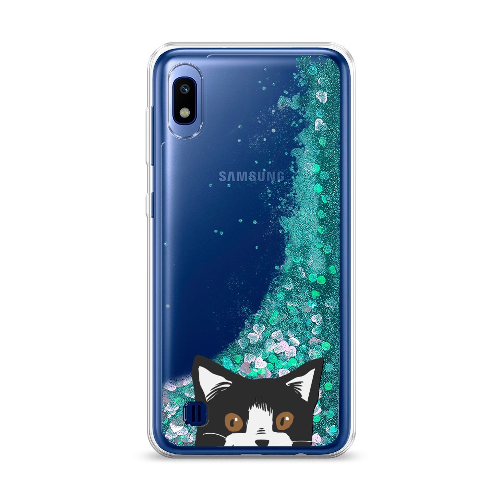 

Жидкий чехол с блестками "Подглядывающий кот" на Samsung Galaxy A10