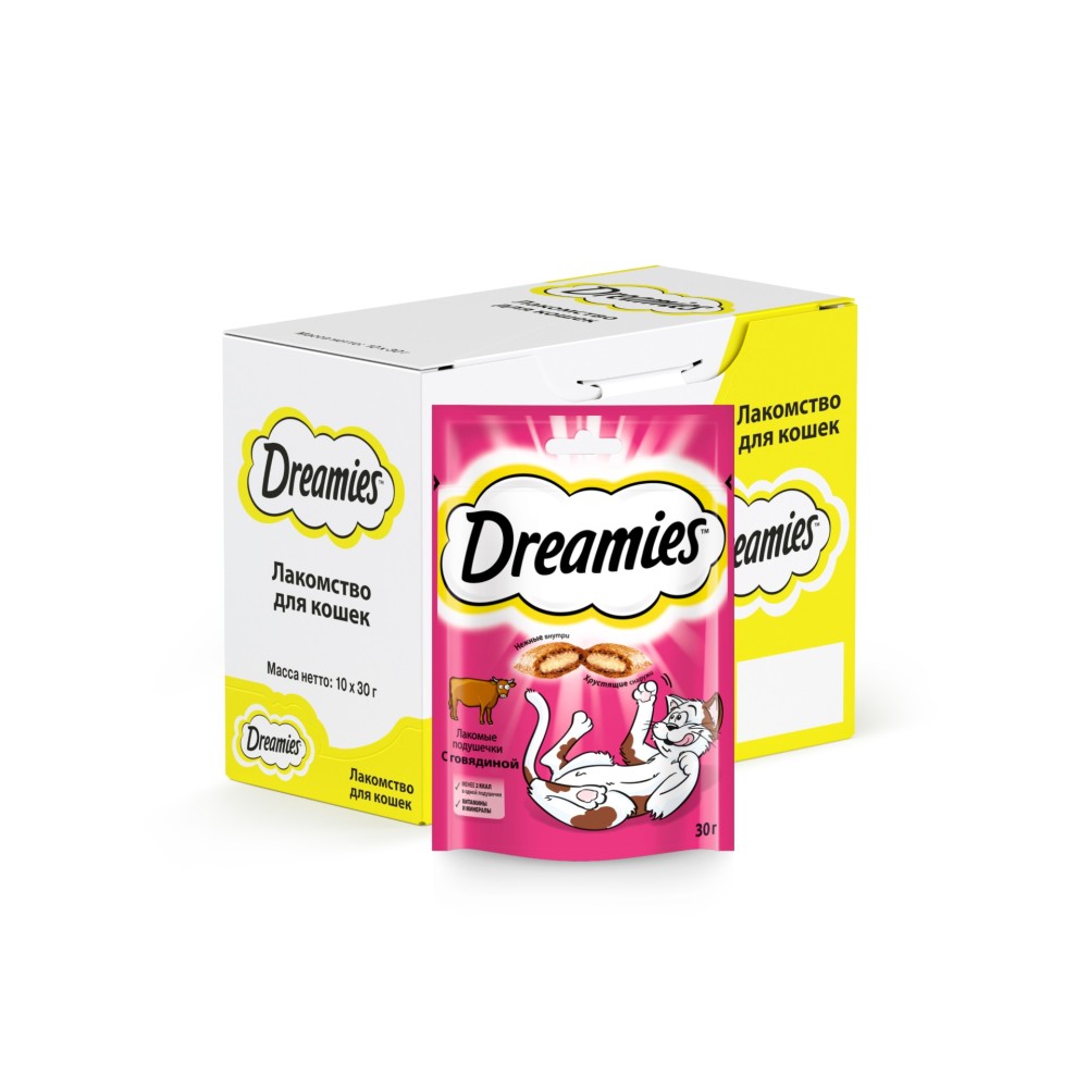 Лакомство для кошек Dreamies подушечки с говядиной, 10 шт по 30г