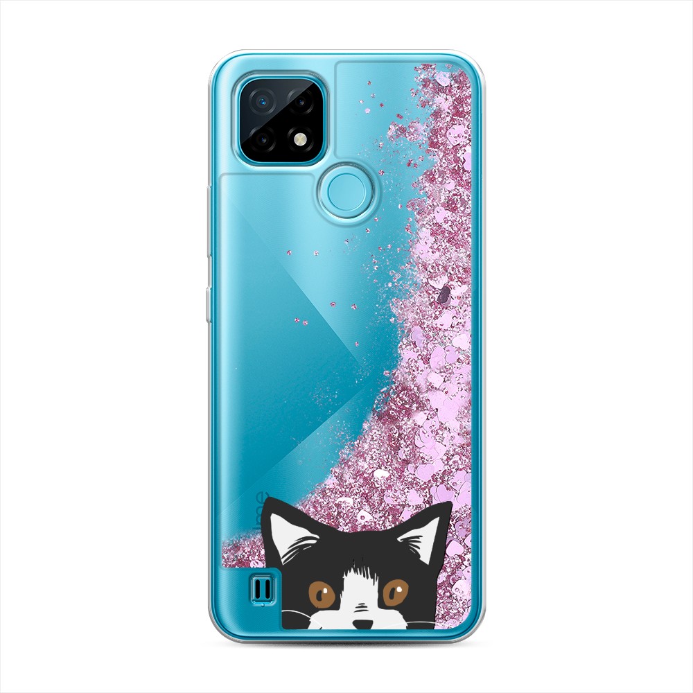 

Жидкий чехол с блестками "Подглядывающий кот" на Realme C21, 254994-1