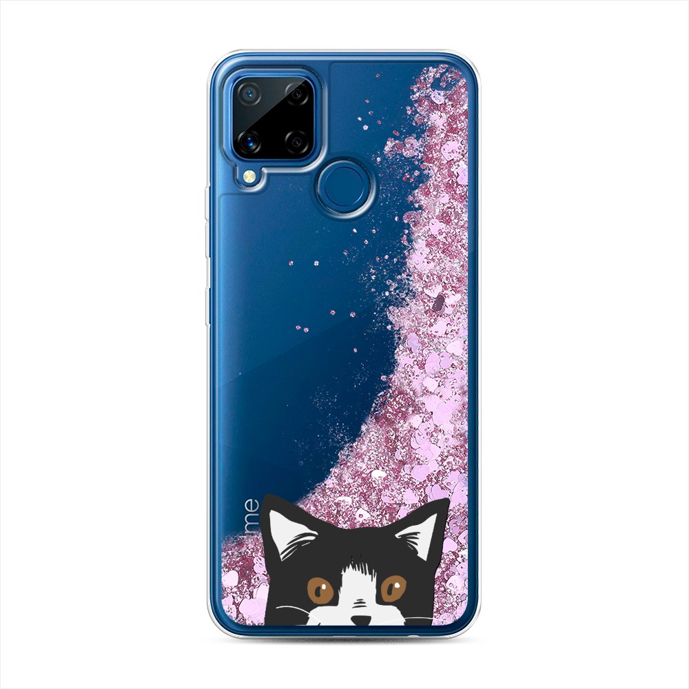 

Жидкий чехол с блестками "Подглядывающий кот" на Realme C15, 255094-1