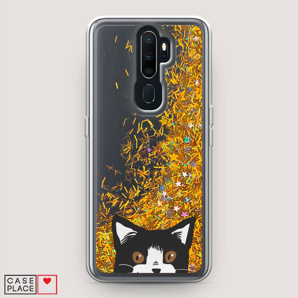 

Жидкий чехол с блестками "Подглядывающий кот" на Oppo A9 (2020), 251990-1