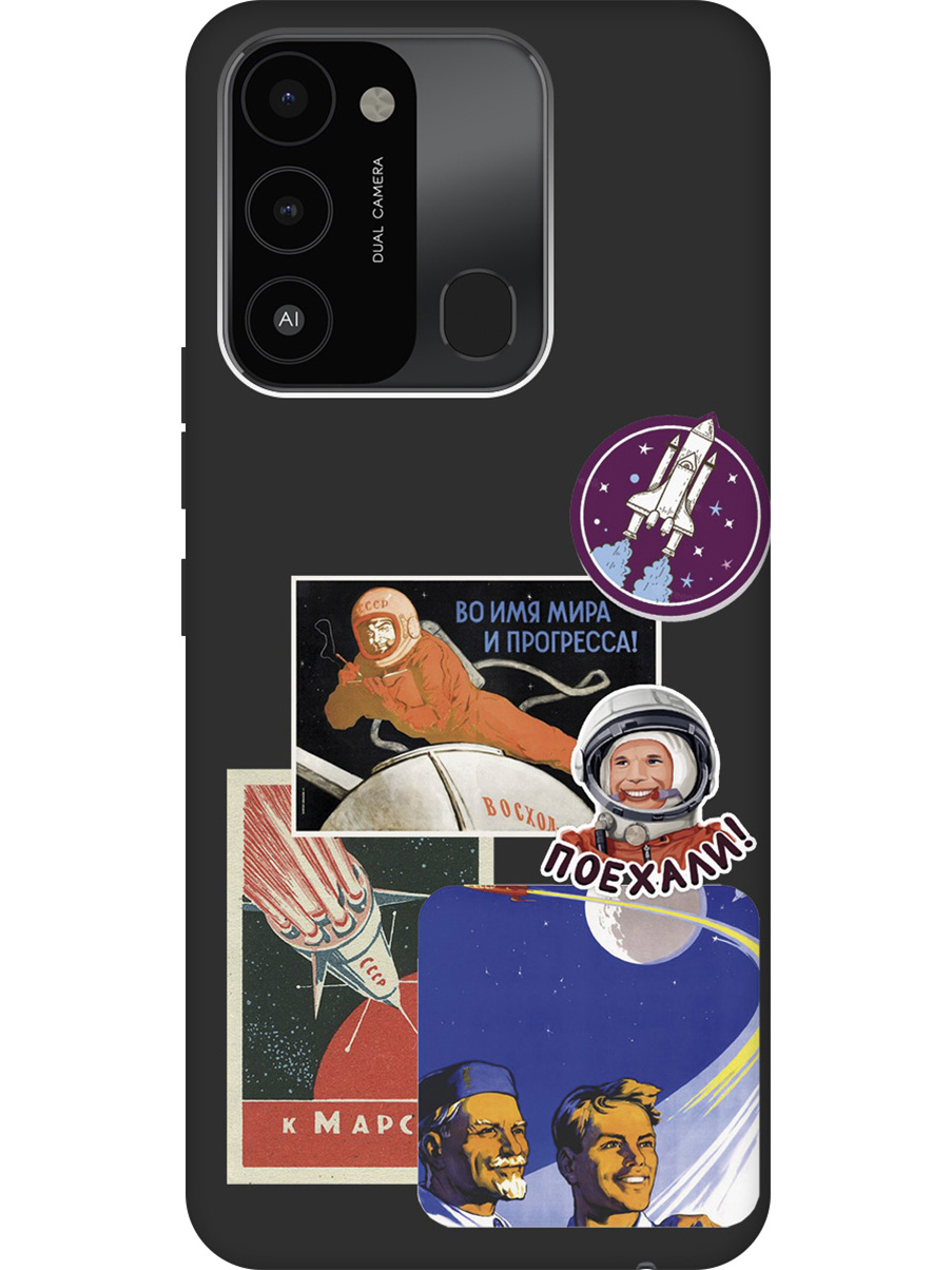 

Матовый Soft Touch чехол на Tecno Spark 8C "Yuri Gagarin Stickers" черный, Черный;белый;красный, 20001473