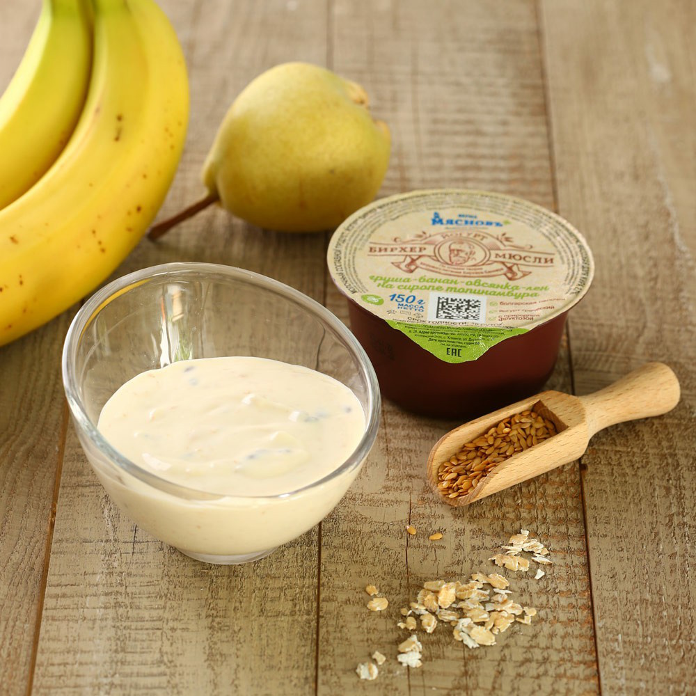 Йогурт МясновЪ ФЕРМА Бирхер-мюсли груша-банан-овсянка-лен на сиропе топинамбура 2,7% 150 г