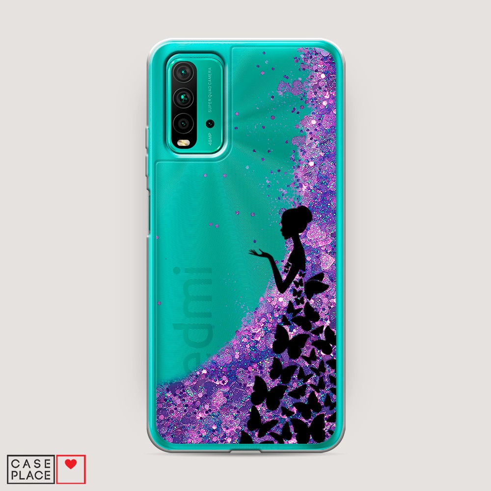 фото Жидкий чехол с блестками "дама в бабочках" на xiaomi redmi 9t awog