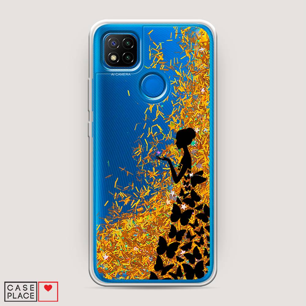 фото Жидкий чехол с блестками "дама в бабочках" на xiaomi redmi 9c awog