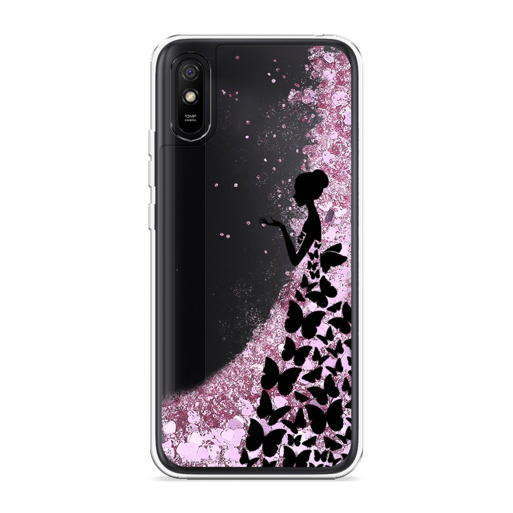 фото Жидкий чехол с блестками "дама в бабочках" на xiaomi redmi 9a awog
