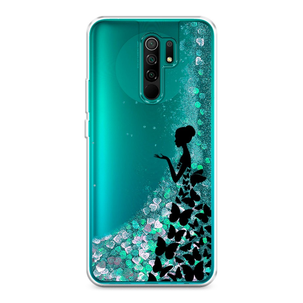 фото Жидкий чехол с блестками "дама в бабочках" на xiaomi redmi 9 awog