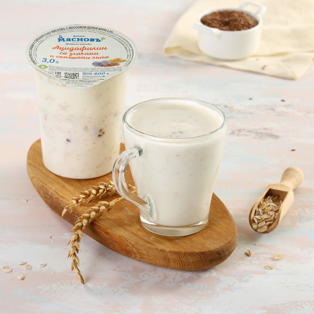 Ацидофилин МясновЪ ФЕРМА со злаками и семенами льна 3% 400 мл