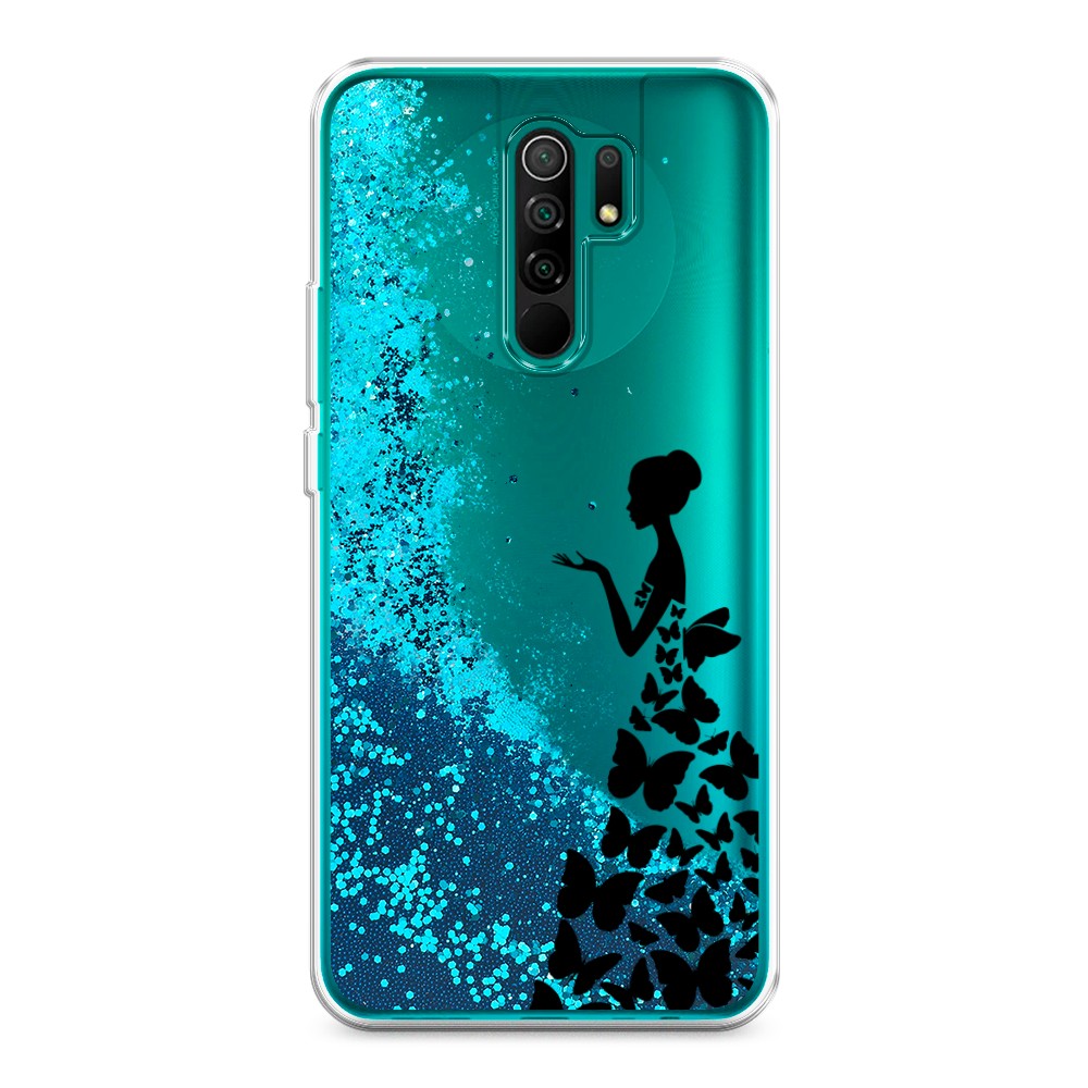 фото Жидкий чехол с блестками "дама в бабочках" на xiaomi redmi 9 awog
