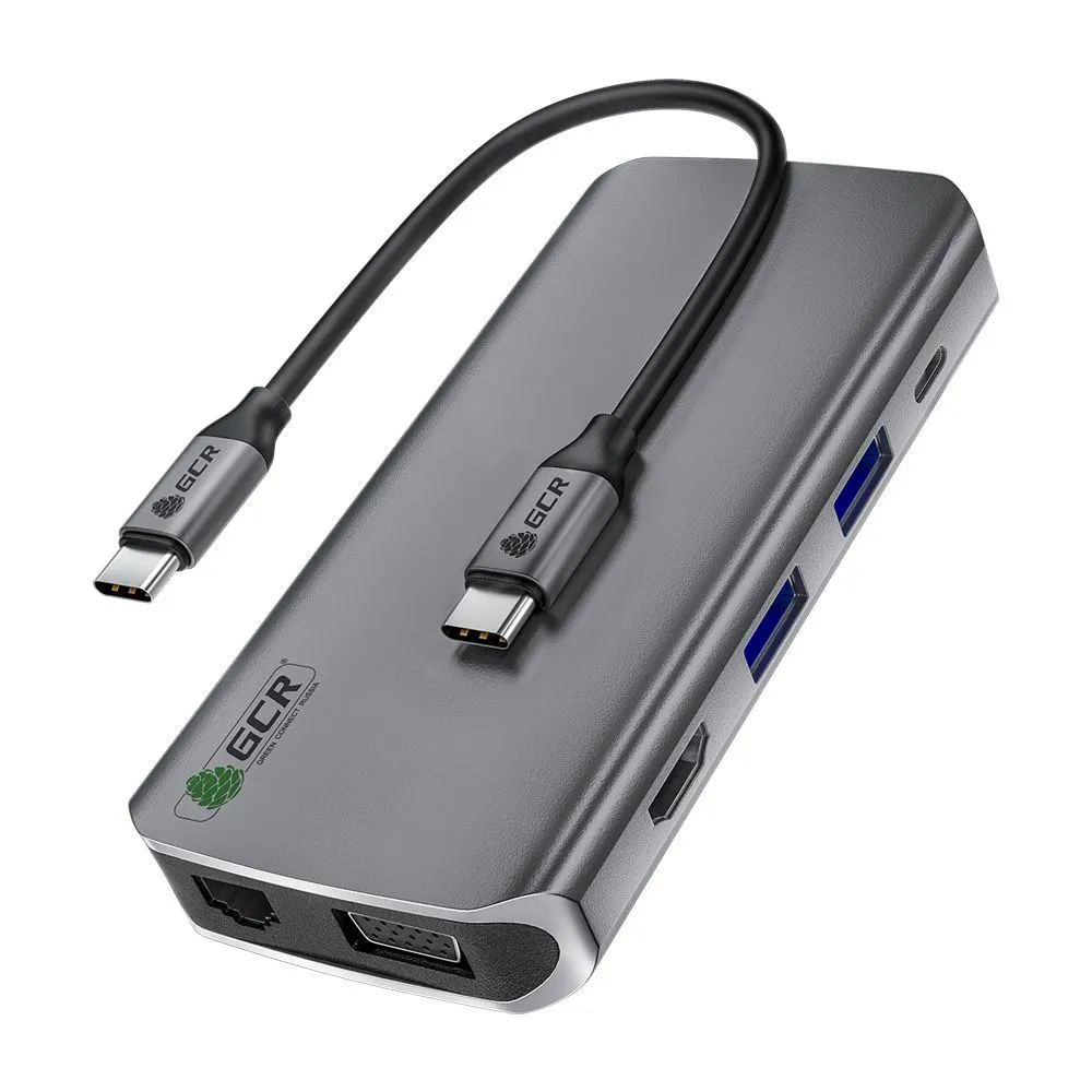 Аксессуары для ноутбуков GCR Переходник Hub 10in1: USB-C -> HDMI+VGA+RJ45+3xUSB3.0+CardRea